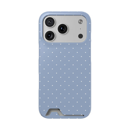 Light blue polka dot phone case with a card slot