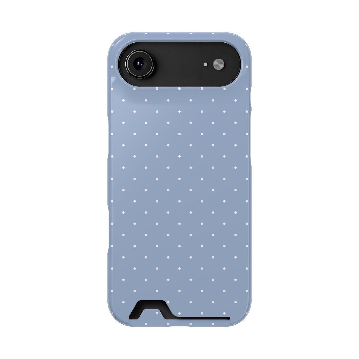 Light blue dotted phone case seen from the side