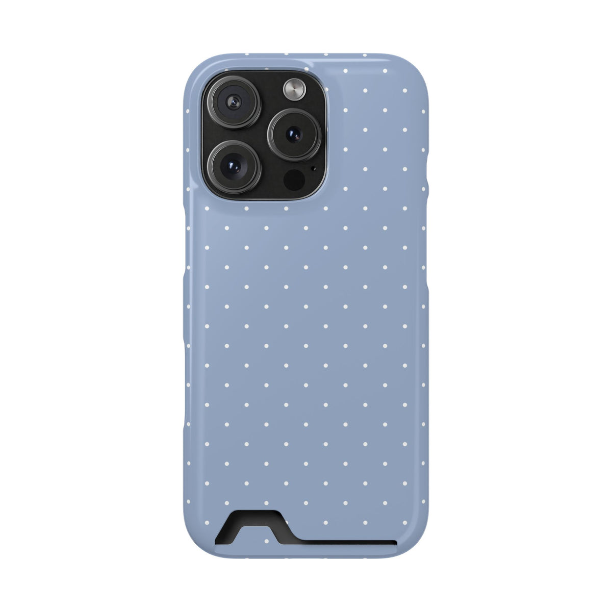 Light blue polka dot phone case with a card in the slot