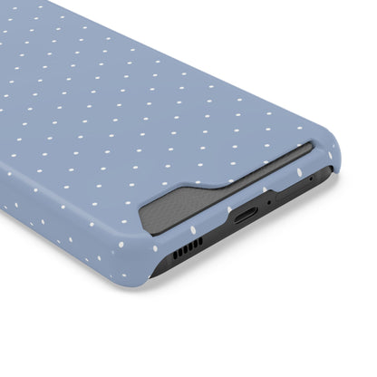 Powder blue phone case with an even grid of white dots