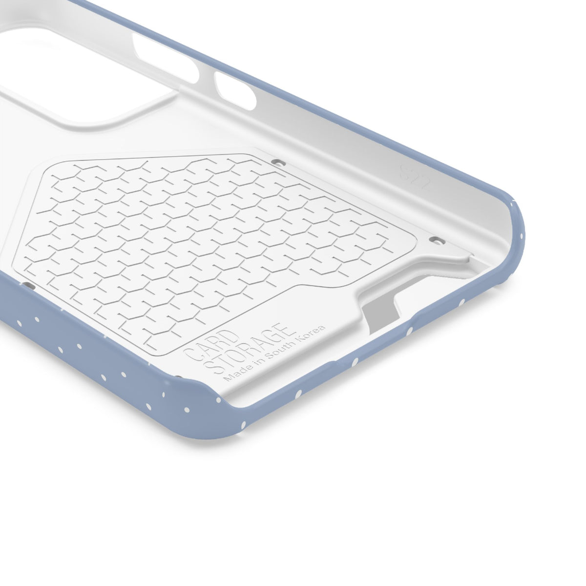 Light blue polka dot phone case, back view