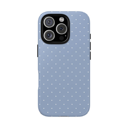 Light blue polka dot tough phone case held in hand