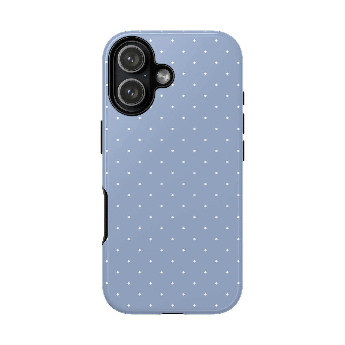 Light blue dotted tough phone case seen from the side