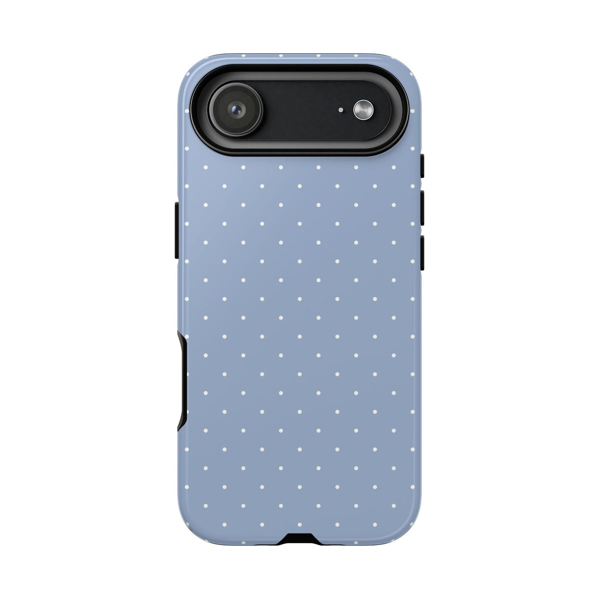 Light blue polka dot tough phone case with raised camera edge