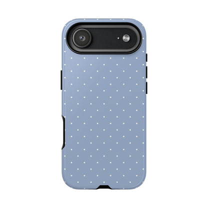 Light blue polka dot tough phone case with raised camera edge