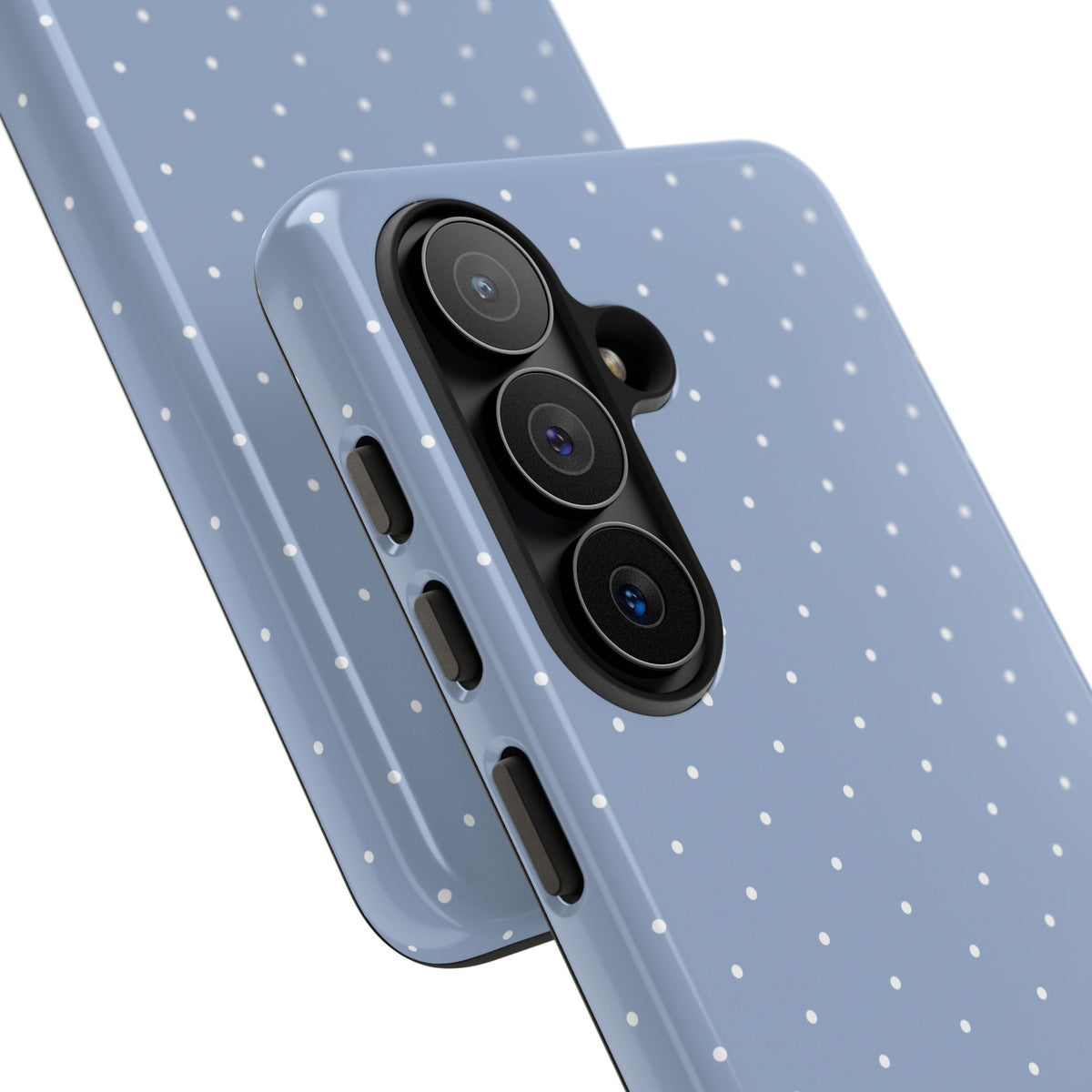 White pin dots on powder blue, print for a tough phone case