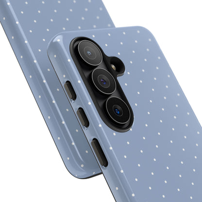White pin dots on powder blue, print for a tough phone case