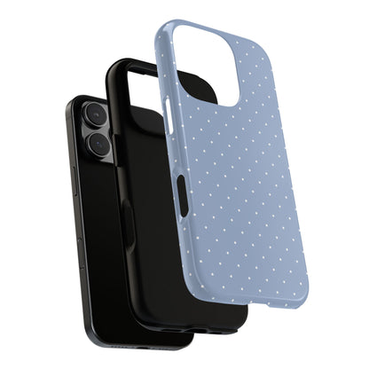 Powder blue tough phone case with an even grid of white dots