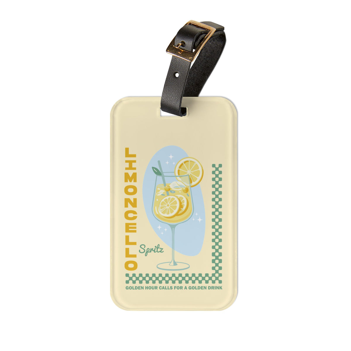 Limoncello Spritz luggage tag with lemon cocktail print and black leather strap