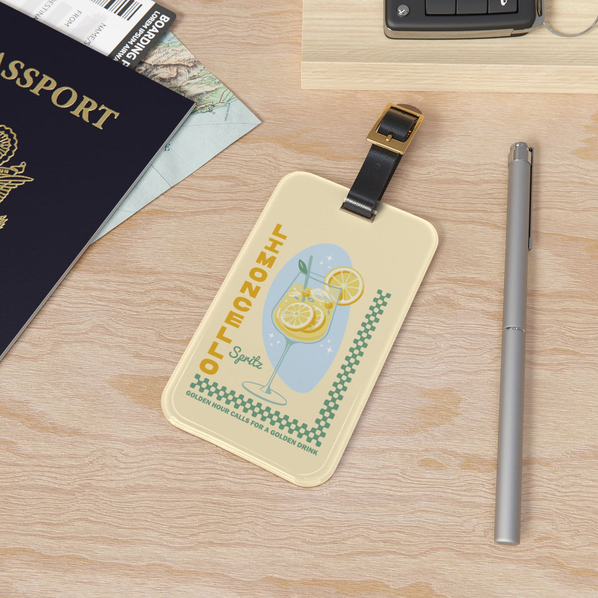 Butter yellow Limoncello Spritz luggage tag with green checkerboard border