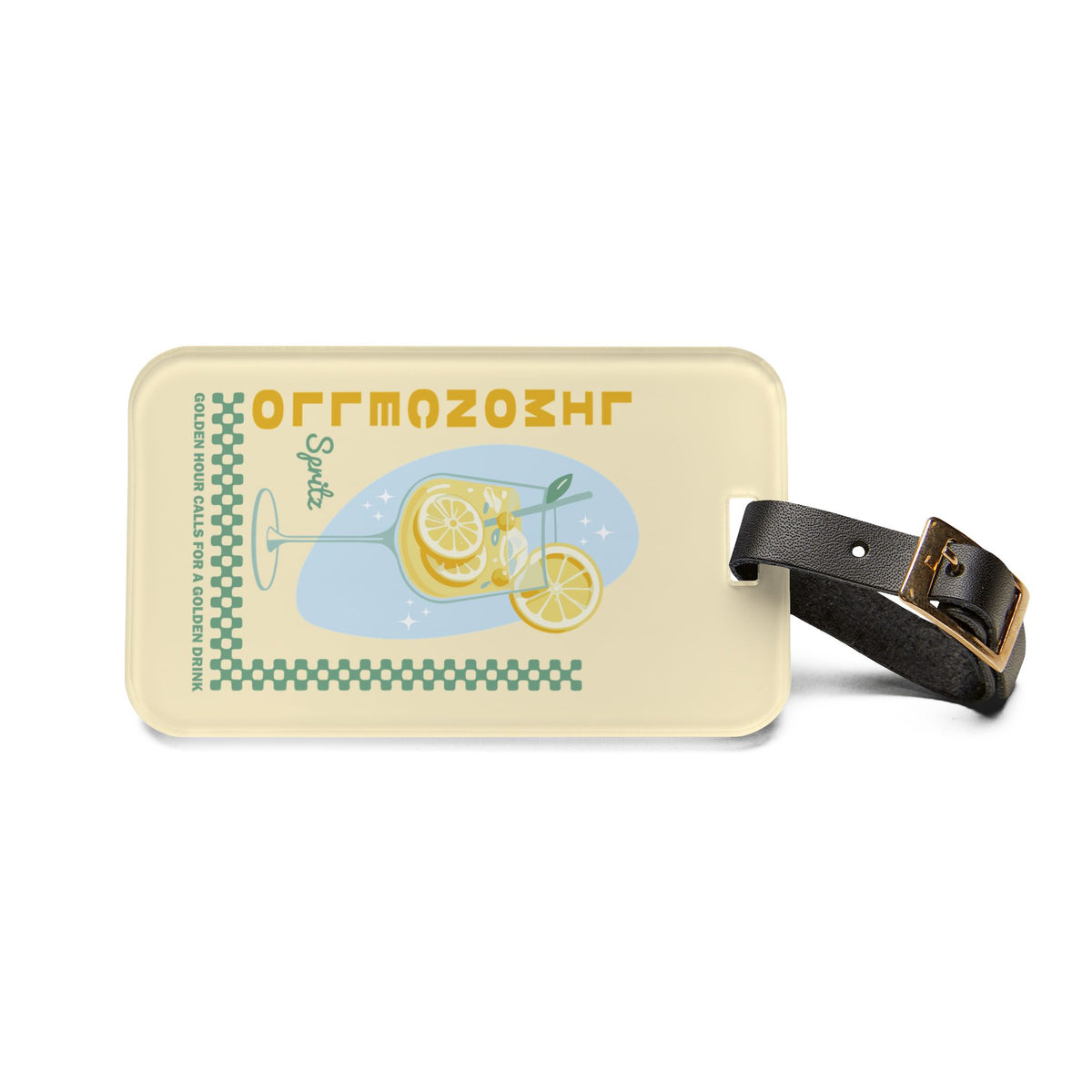 Retro lemon spritz print luggage tag on a suitcase