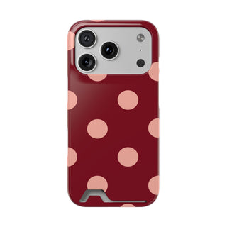 Maroon polka dot phone case with blush pink dots