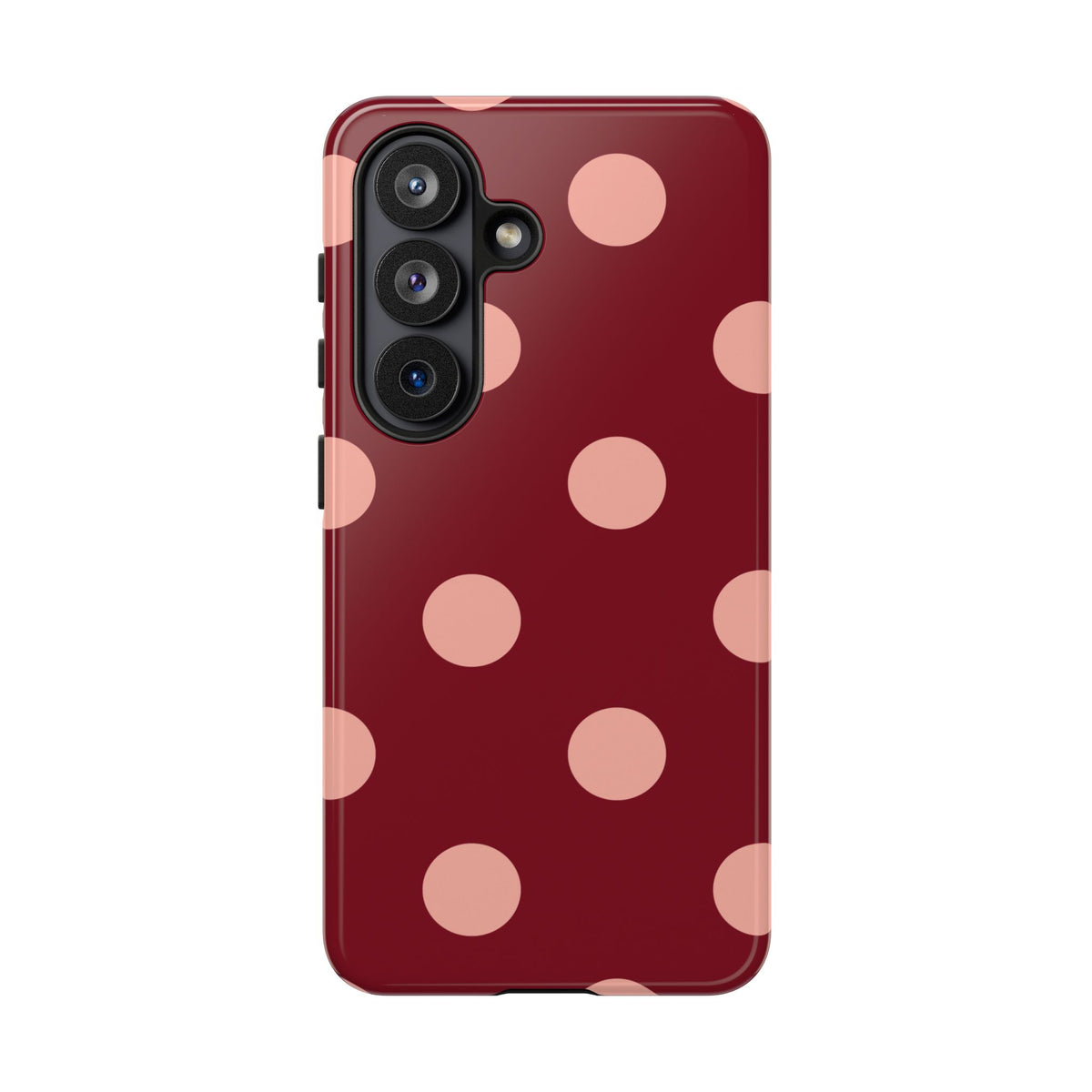 Maroon polka dot tough phone case, blush pink dots on maroon