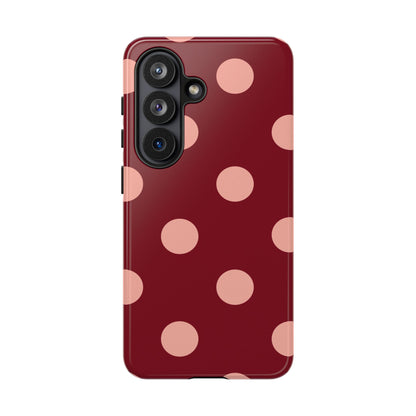 Maroon polka dot tough phone case, blush pink dots on maroon