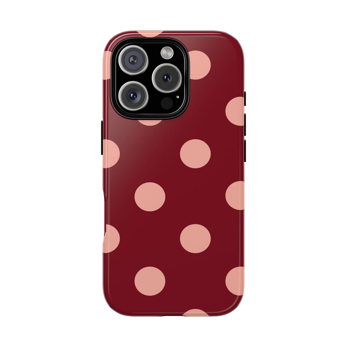 Maroon polka dot tough phone case, blush pink dots on maroon