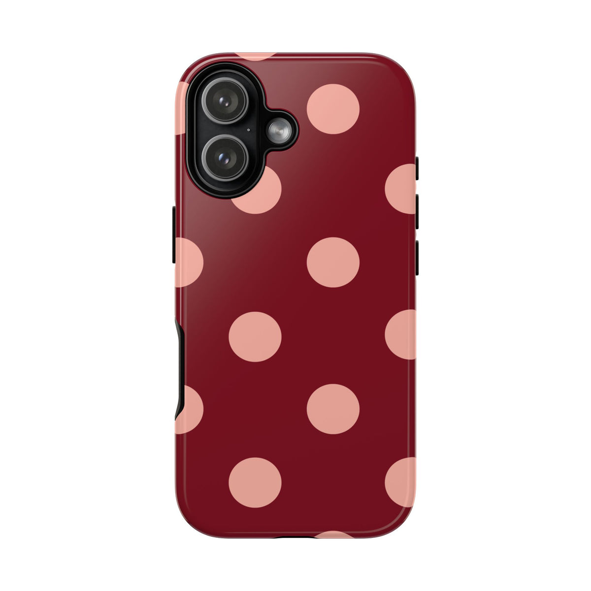 Maroon polka dot tough phone case, blush pink dots on maroon