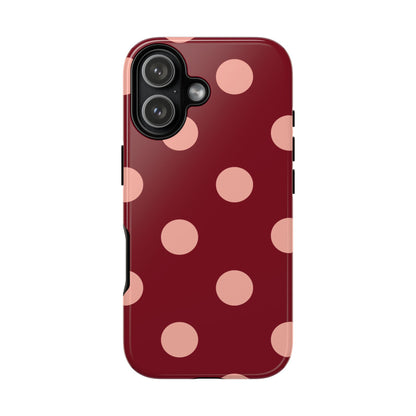 Maroon polka dot tough phone case, blush pink dots on maroon