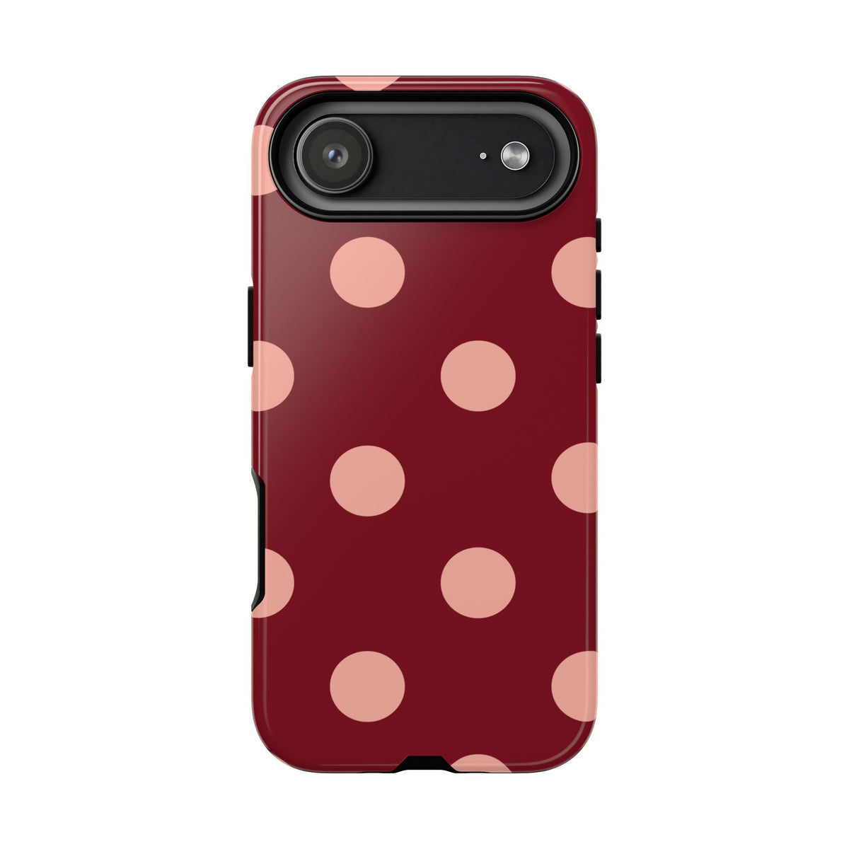 Maroon polka dot tough phone case, blush pink dots on maroon