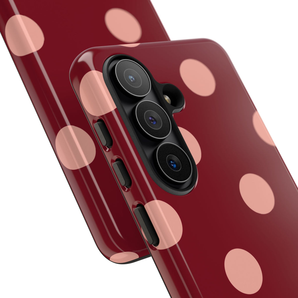 Maroon polka dot tough phone case, blush pink dots on maroon