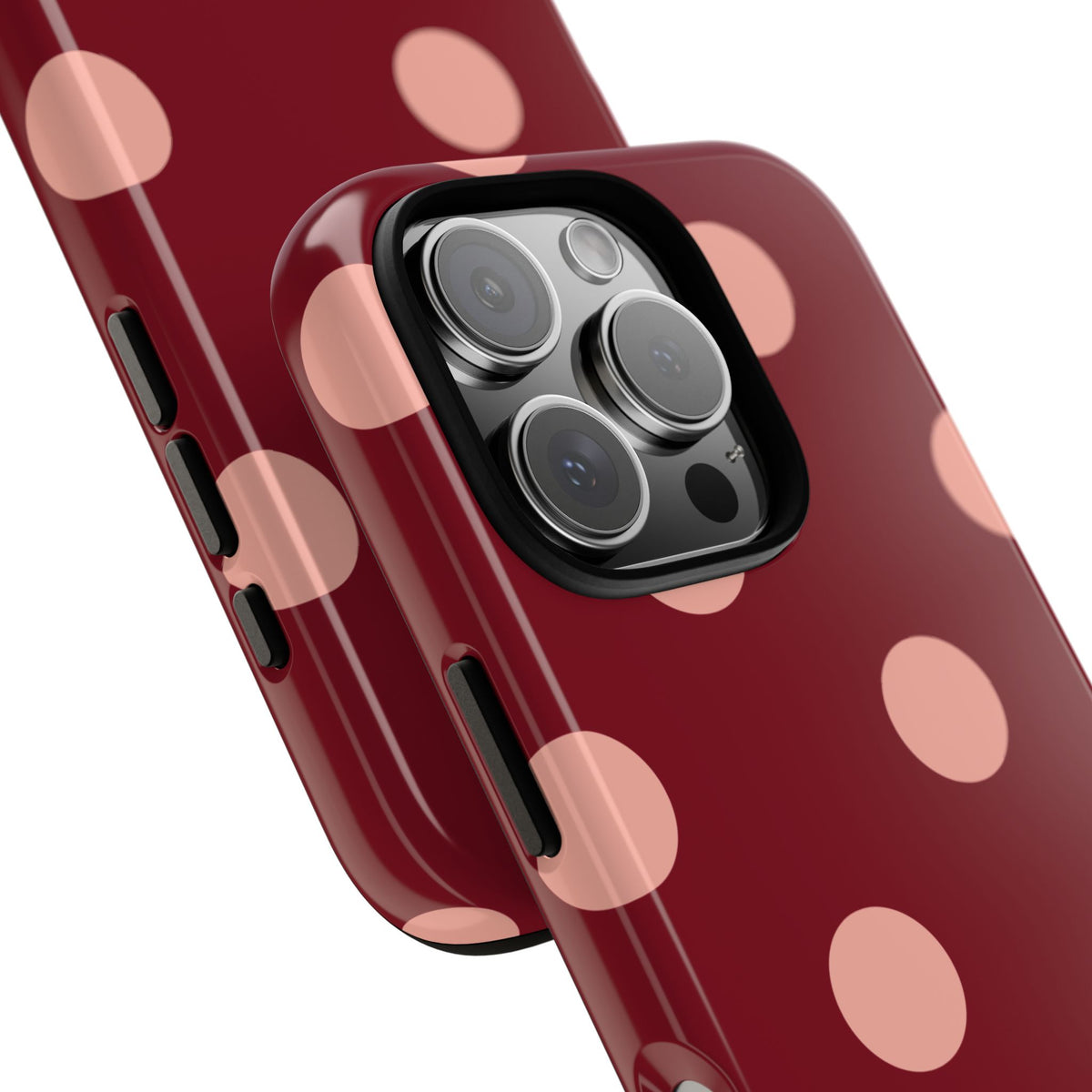 Maroon polka dot tough phone case, blush pink dots on maroon