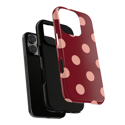 Maroon polka dot tough phone case, blush pink dots on maroon