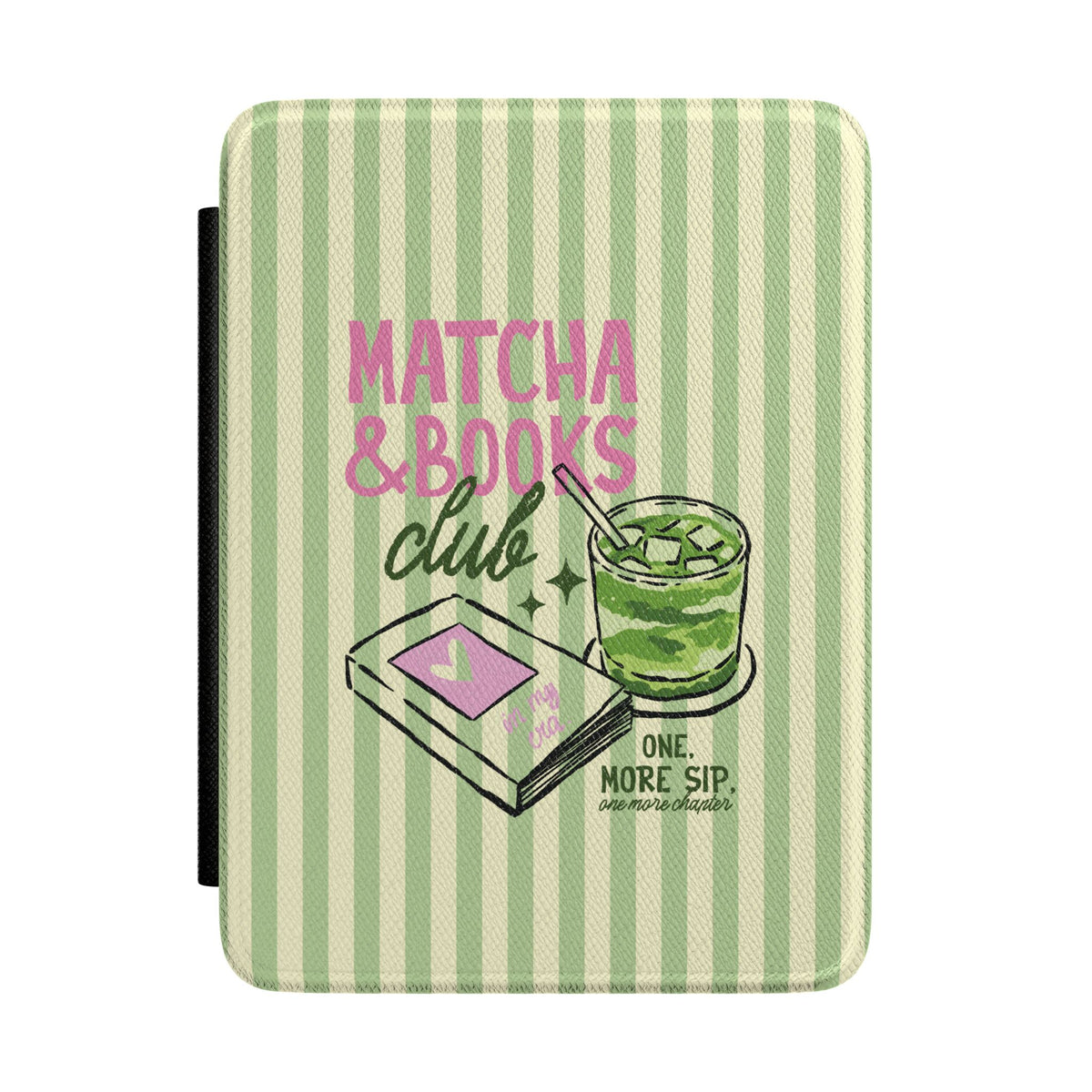 Matcha and books Kindle case with green stripes and pink lettering