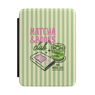 Matcha and books Kindle case with green stripes and pink lettering