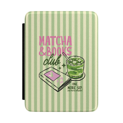 Matcha and books Kindle case with green stripes and pink lettering