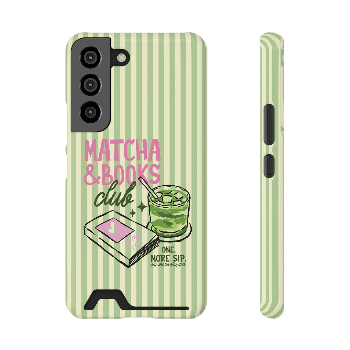 Green striped matcha phone case seen from the side