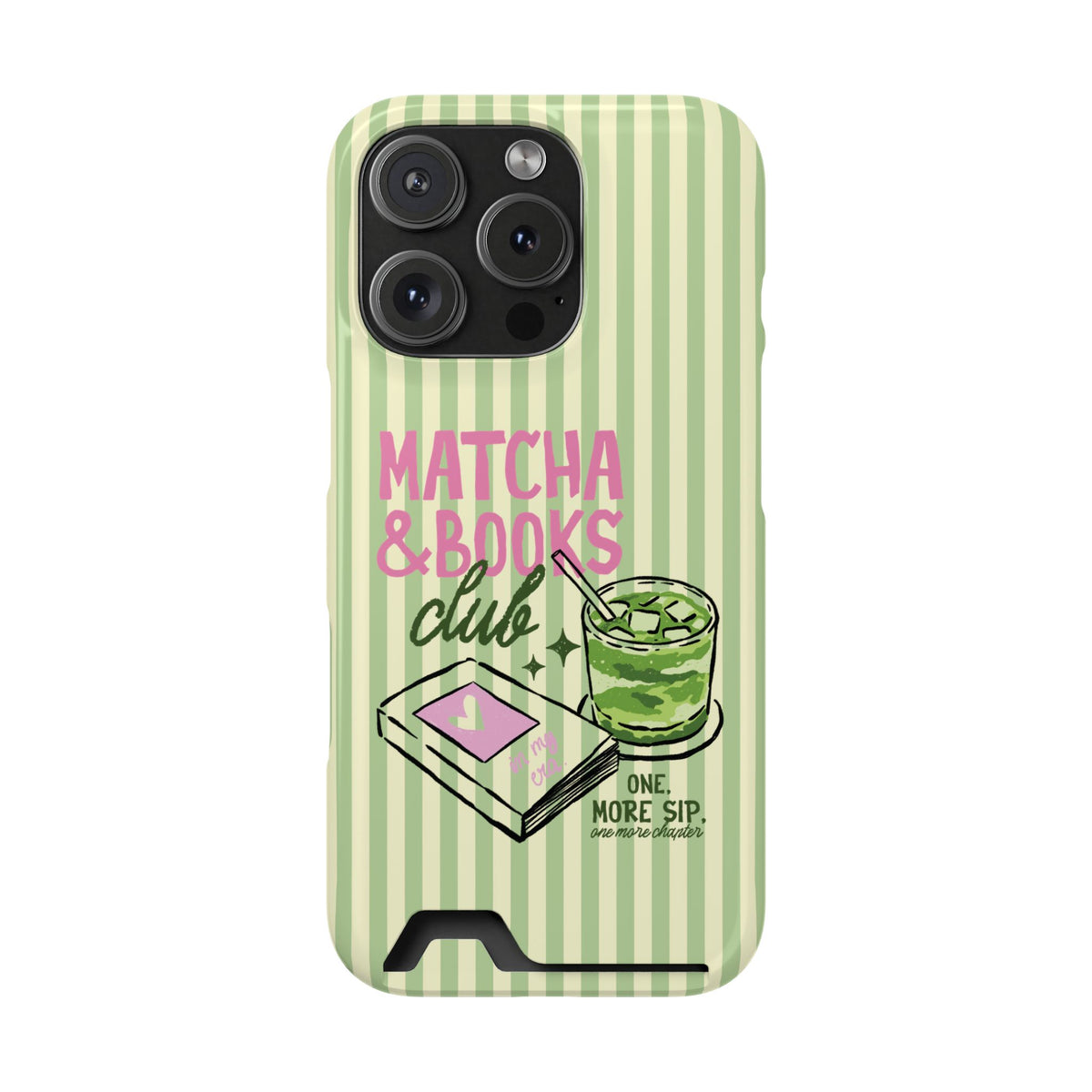 Matcha and books phone case with a card in the slot