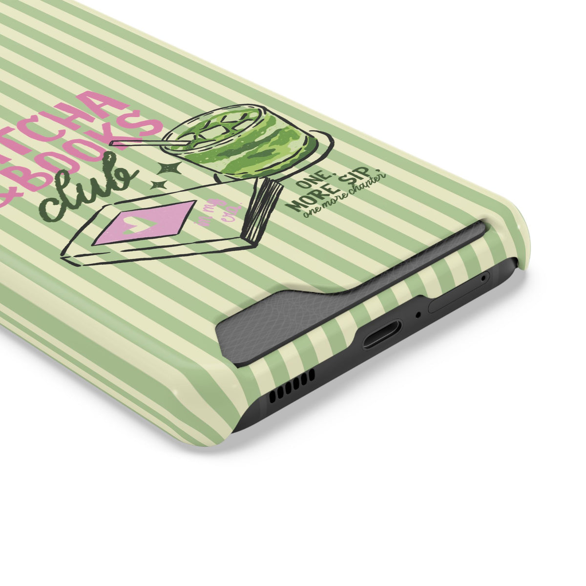 Matcha and books print on a slim phone case, back view