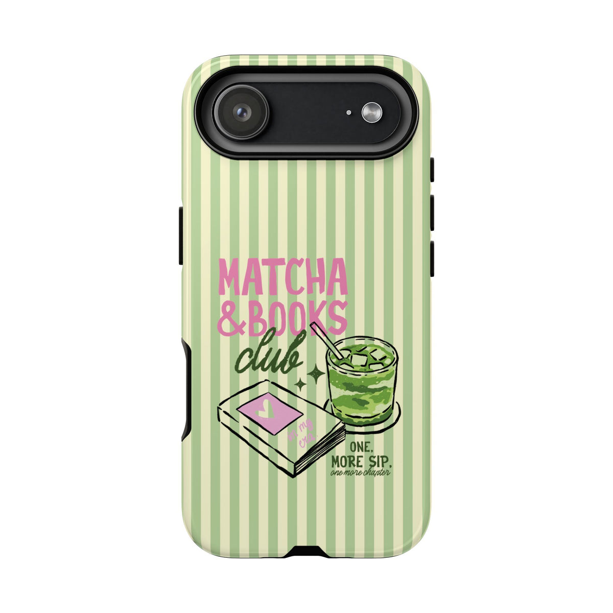 Green striped matcha tough phone case held in hand