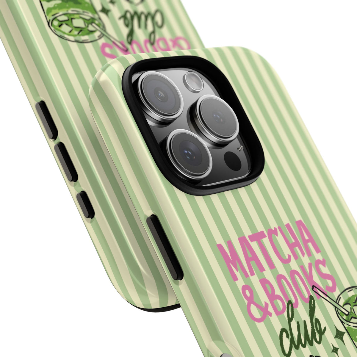 Matcha and books print on a dual-layer phone case