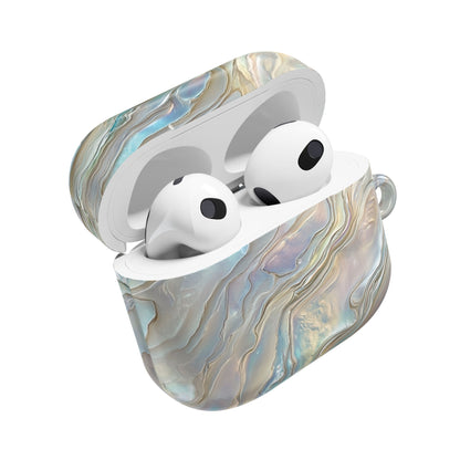 Mother of pearl AirPod case open with AirPods inside