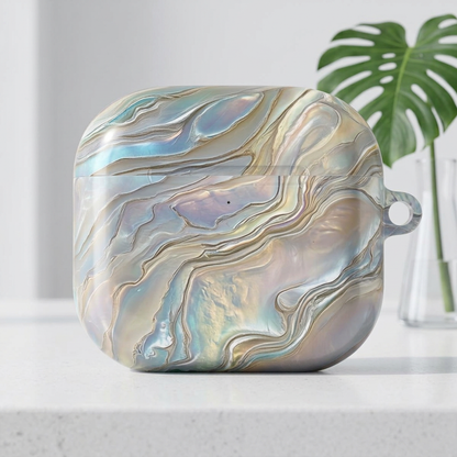 Mother of pearl AirPod case on a shelf beside a plant