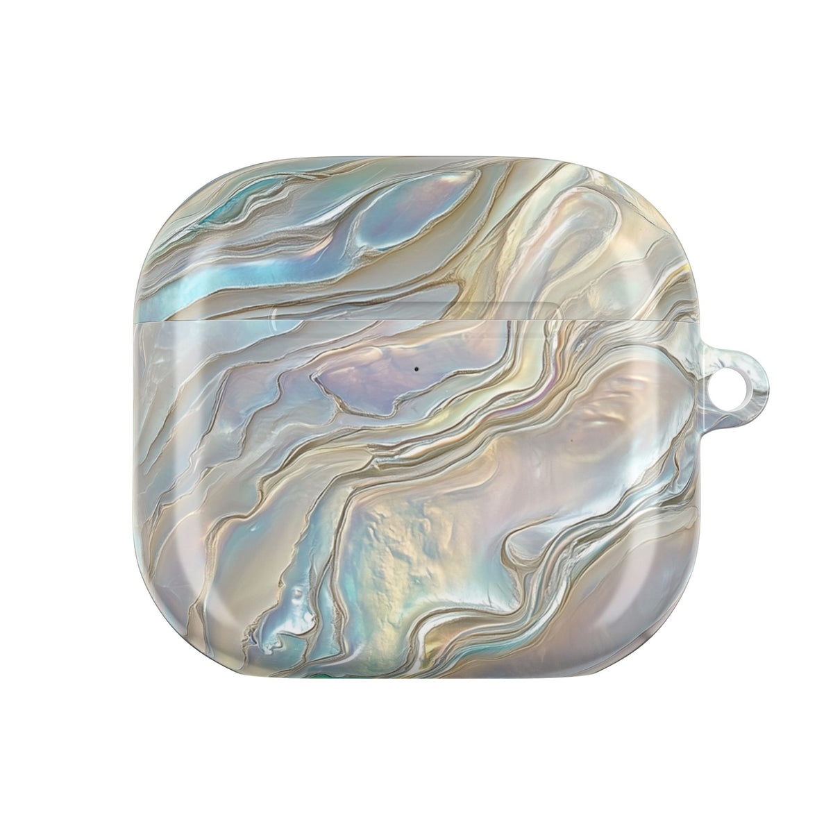 Mother of pearl AirPod case showing iridescent shell swirls