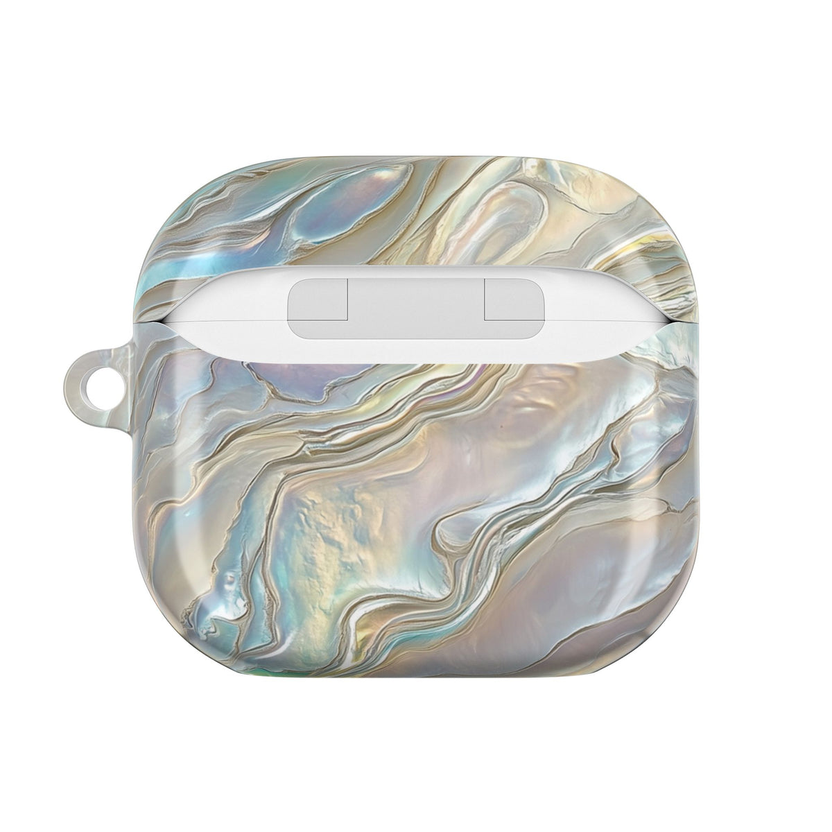 Mother of pearl AirPod case back view with hinge line