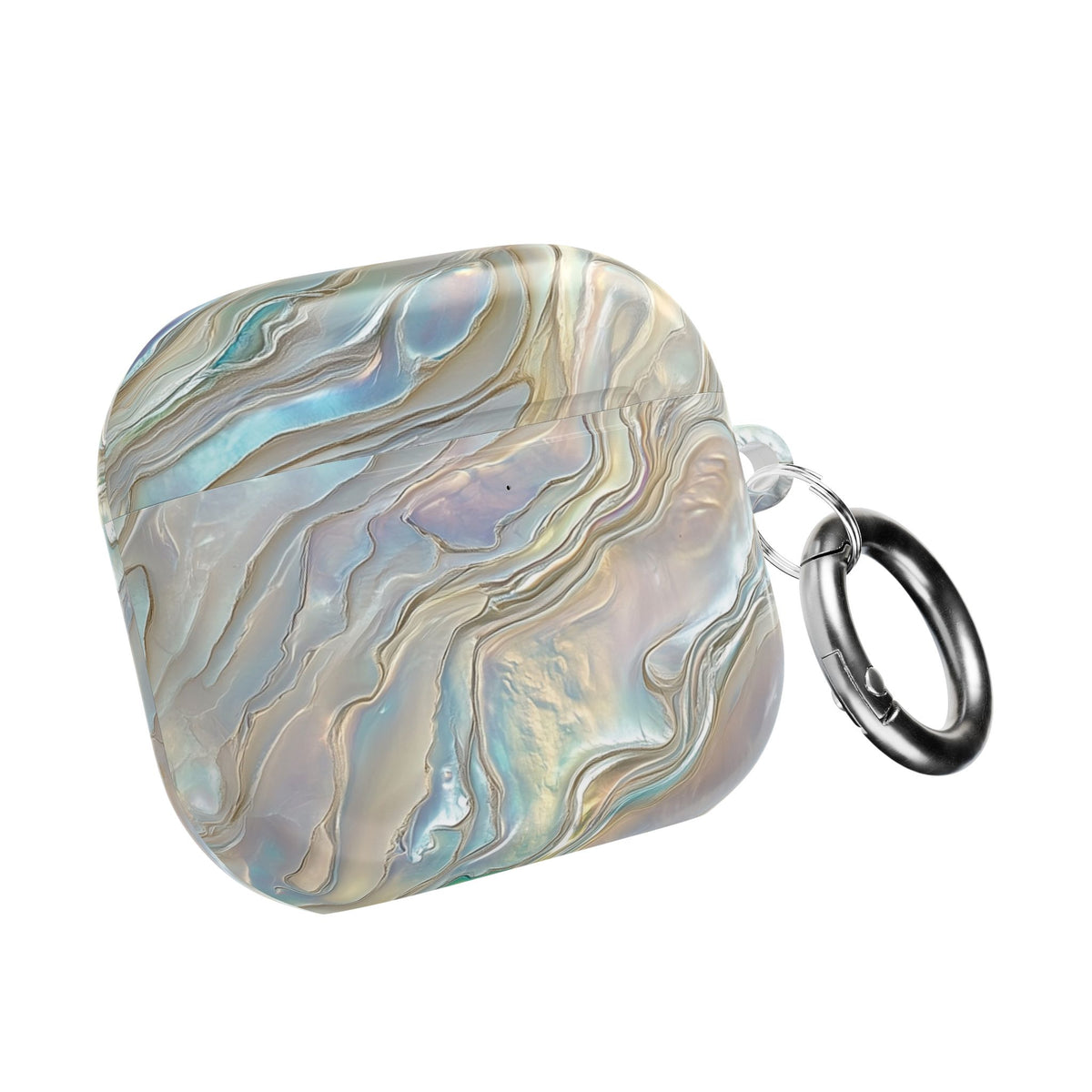 Mother of pearl AirPod case with carabiner clip, angled view