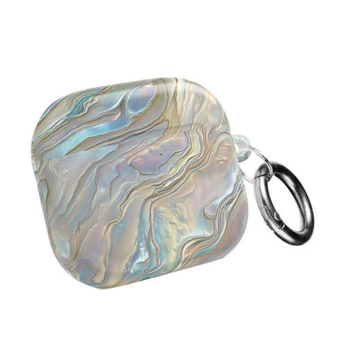 Mother of pearl AirPod case with carabiner clip, angled view