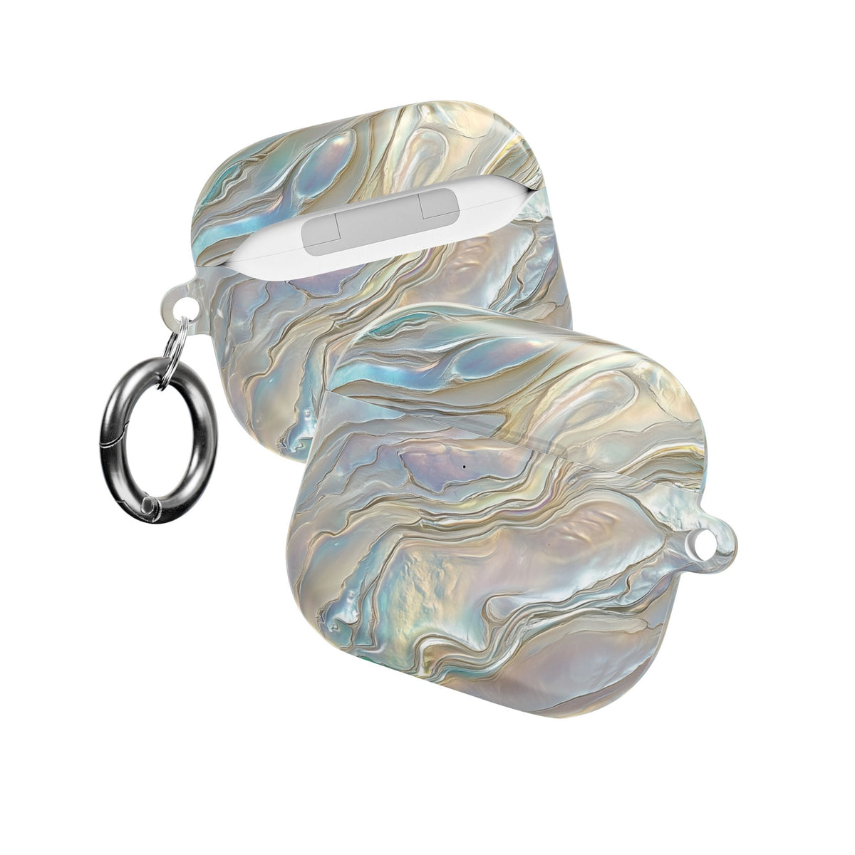 Mother of pearl AirPod case with black carabiner clip