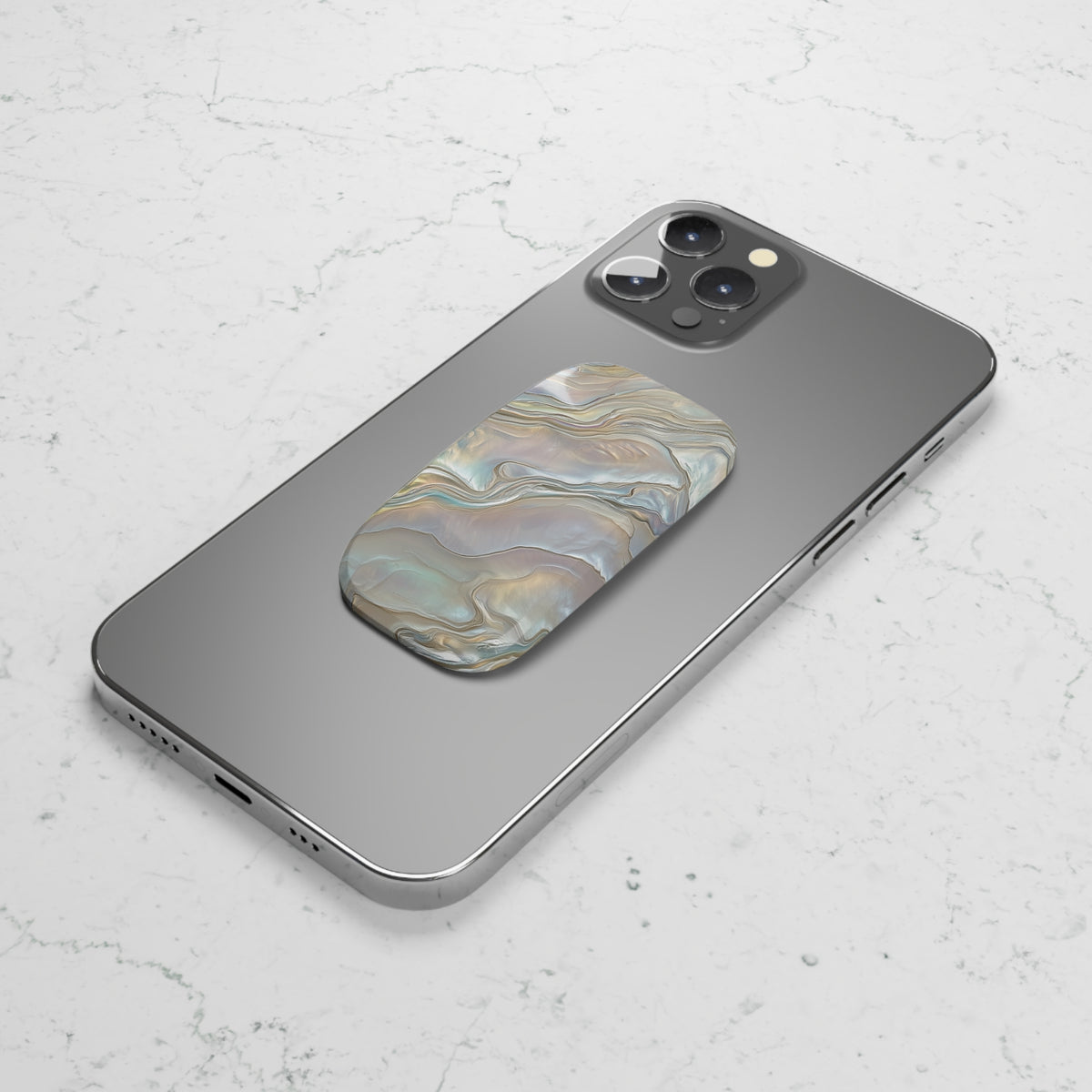 Mother of pearl phone grip with iridescent shell swirls, view 3