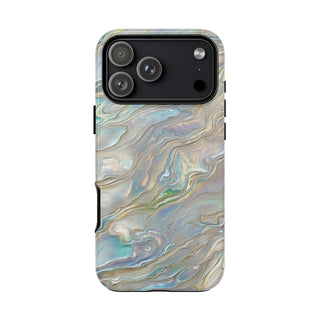 Mother of pearl tough phone case with iridescent shell swirls