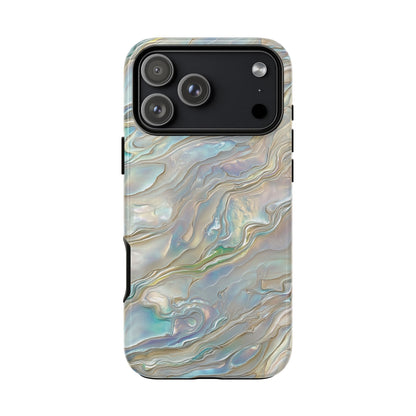 Mother of pearl tough phone case with iridescent shell swirls