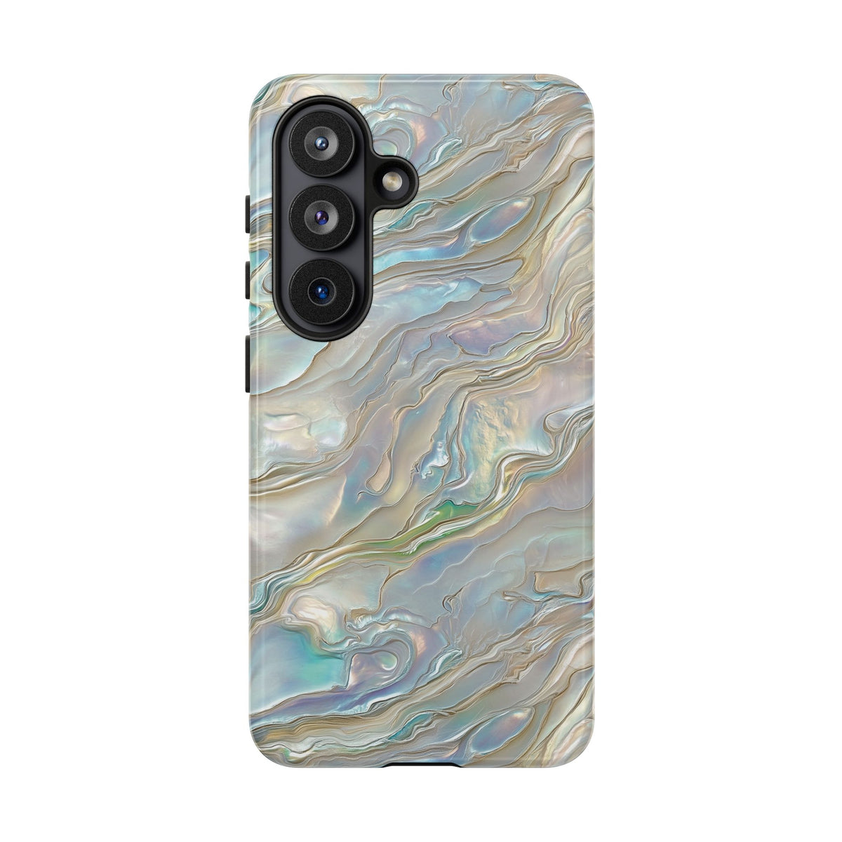 Mother of pearl tough phone case with iridescent shell swirls, view 2