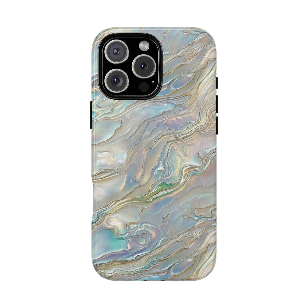 Mother of pearl tough phone case with iridescent shell swirls, view 3