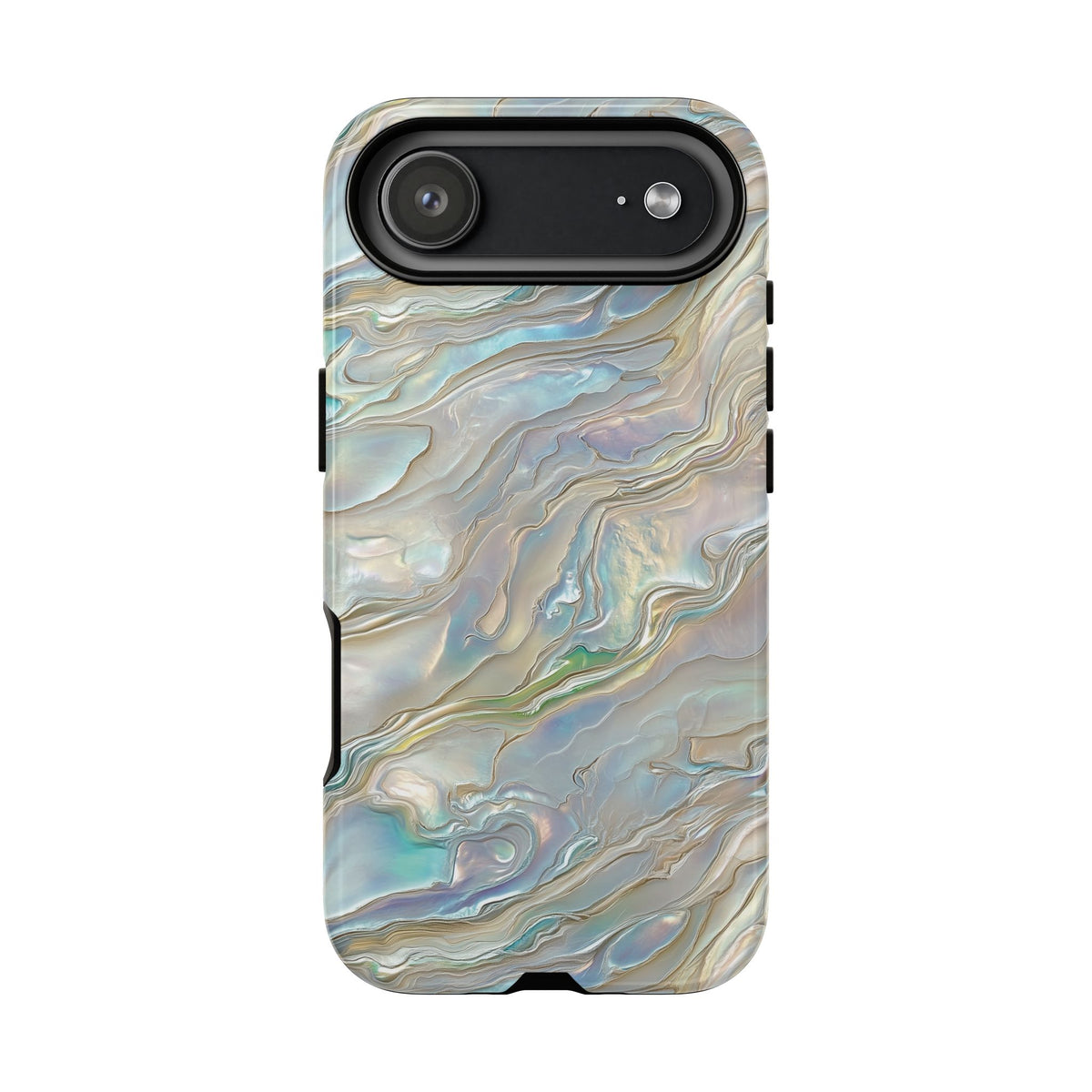 Mother of pearl tough phone case with iridescent shell swirls, view 4