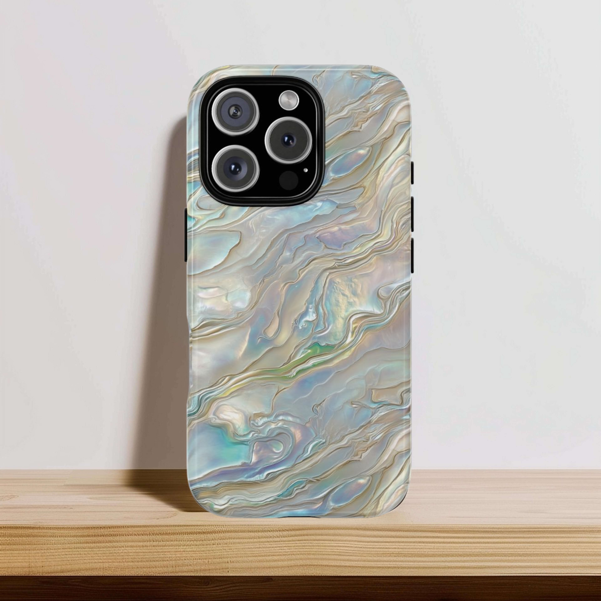 Mother of pearl tough phone case with iridescent shell swirls, view 5