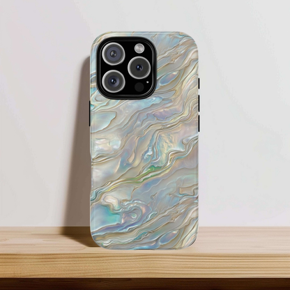Mother of pearl tough phone case with iridescent shell swirls, view 5