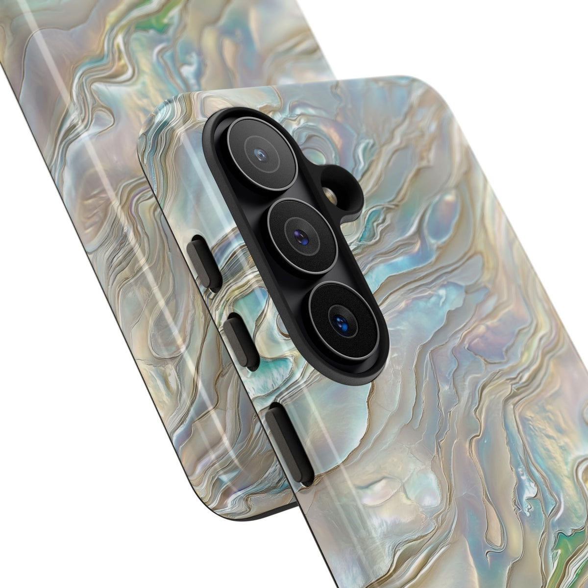 Mother of pearl tough phone case with iridescent shell swirls, view 6