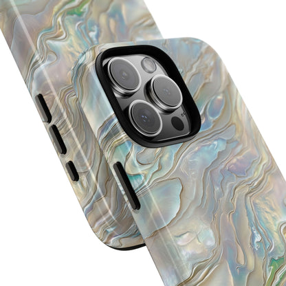 Mother of pearl tough phone case with iridescent shell swirls, view 7